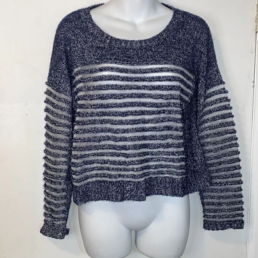 QUINN Navy Blue Textured Striped Marled Linen Cashmere Blend Crop Sweater -XS